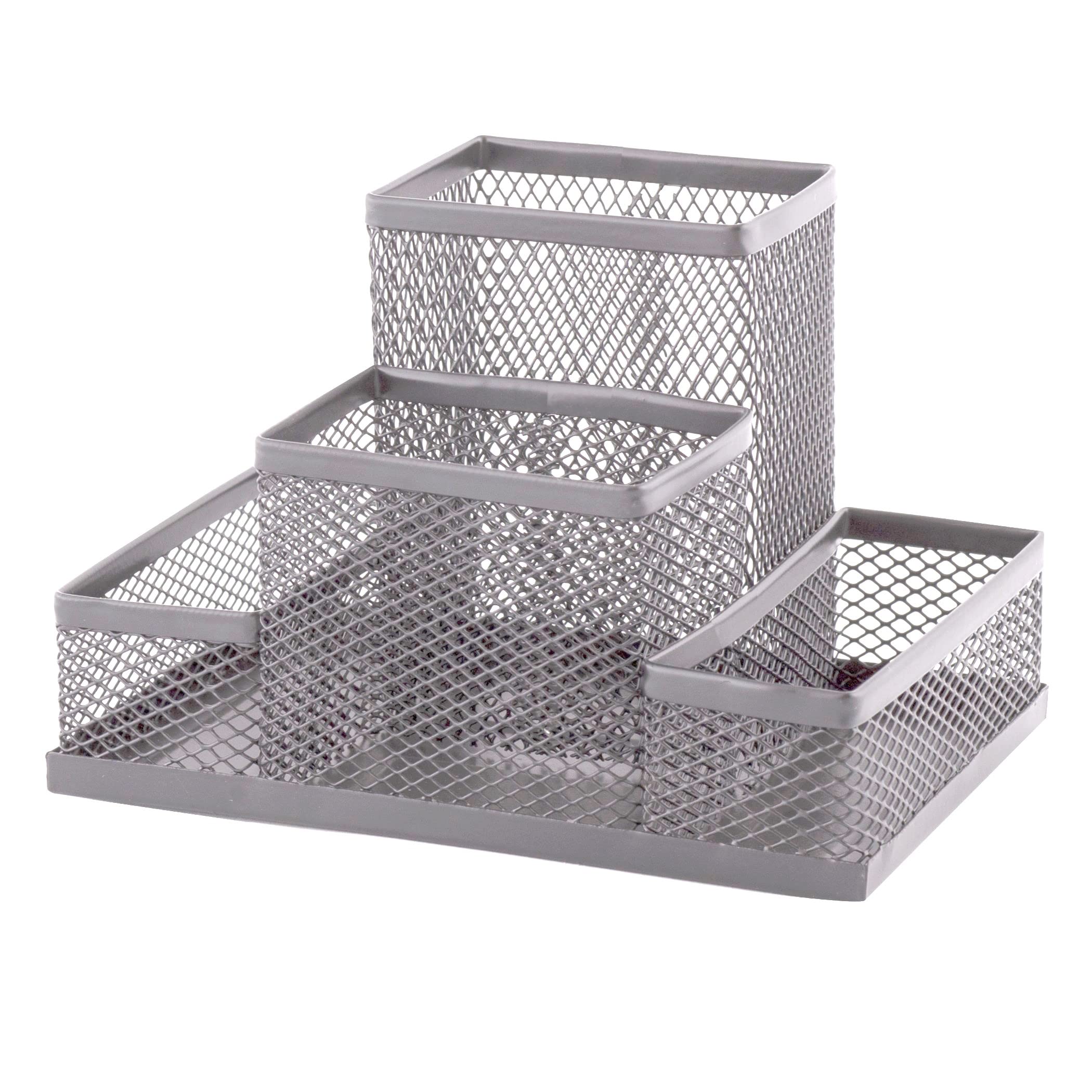D.RECT Desk Organiser, Pen Holder, Desk Pen Holder, Table Organiser Made of Metal, Office Tray with Note Holder, Mesh, 103 x 154 x 103 mm, Silver — image 1