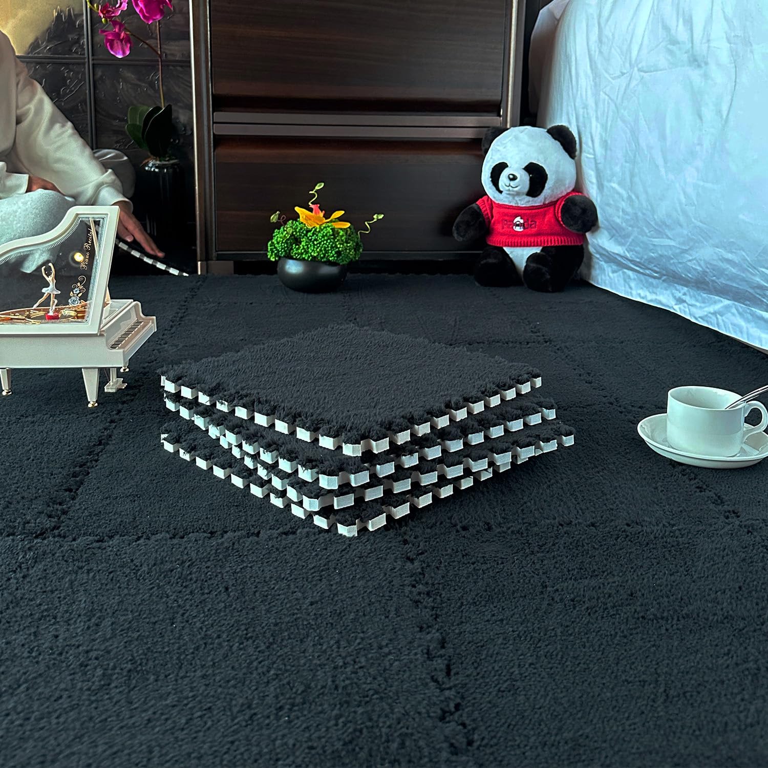 Photo 1 of 16 Pcs Kids Foam Interlocking Carpet Tiles with Border, Thick Carpet Squares Plush Floor Playmats Baby Crawling Rug - 49" x 49" (Black, 16 Tiles)