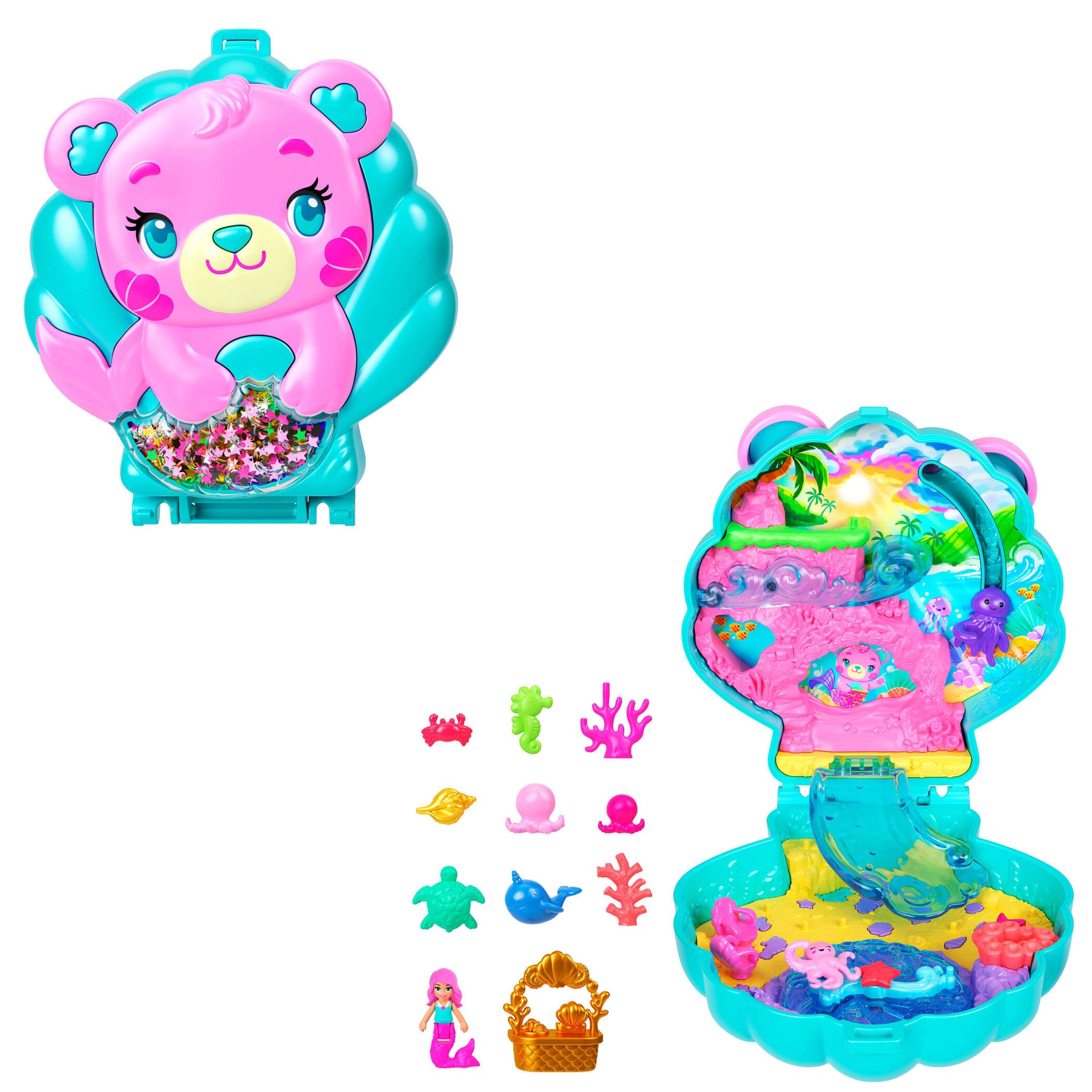 Polly Pocket Dolls and Playset, Glitter Island Compact, Travel Toy with 1 Micro Mermaid Doll, Ocean Pets & Themed Accessories