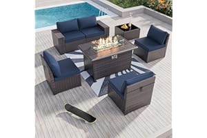 Kullavik 7 Pieces Outdoor Patio Furniture Set with 43" 55000BTU Gas Propane Fire Pit Table PE Wicker Rattan Sectional Sofa Patio Conversation Sets,Navy Blue