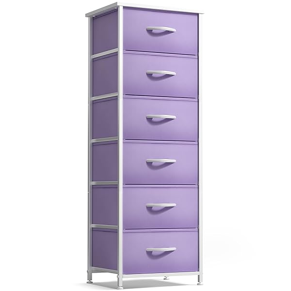 SORBUS FABRIC DRESSER FOR KIDS BEDROOM – CHEST OF 6 DRAWERS, TALL STORAGE TOWER, CLOTHING ORGANIZER, FOR CLOSET, FOR PLAYROOM, FOR NURSERY, STEEL FRAME, FABRIC BINS – WOOD HANDLE (PURPLE)