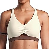 FlareMove Y Back Sports Bra Padded Racerback Adjustable Straps Ruched V-Neck Low Impact Workout Yoga Top