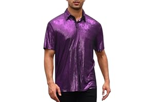 ODIZLI Men's 70s Disco Sparkly Shirt Short Sleeve Metallic Polo Shirts Party T-Shirts Nightclub Shirt Tops