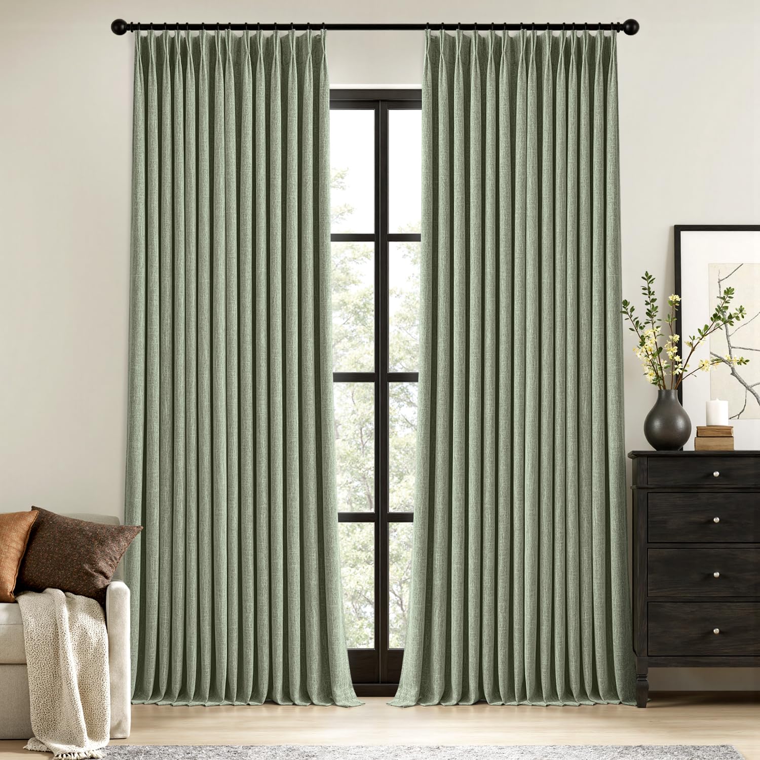 Photo 1 of MIULEE Sage Green Pinch Pleated 100% Blackout Linen Curtains 90 Inch Length 2 Panels Set, Pleat Curtains with Pin Hooks, Black Out Light Blocking Room Darkening Drapes for Bedroom Living Room Window