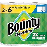 Bounty Paper Towels Quick Size, White, 2 Family Triple Rolls = 6+ Regular Rolls