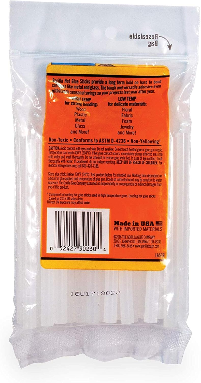 Gorilla Hot Glue Sticks, Mini Size, 4" Long x .27" Diameter, 30 Count, Clear, (Pack of 2) - - 