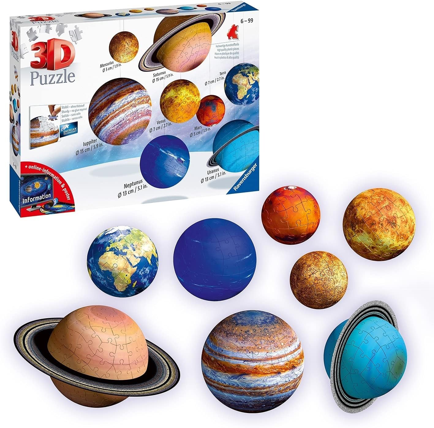 Ravensburger 3D Puzzle Planetensystem 11668 - Planeten als 3D Puzzlebälle - Sonnensystem zum selbst Bauen und als Deko - für alle Weltraumfans ab 6 Jahren - mit informativer Online-Broschüre