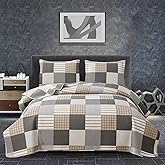 Plaid Quilt Set - Queen Size Bedspread & Coverlet - Brown White Plaid - Lightweight & Reversible - Soft Microfibers - All Season