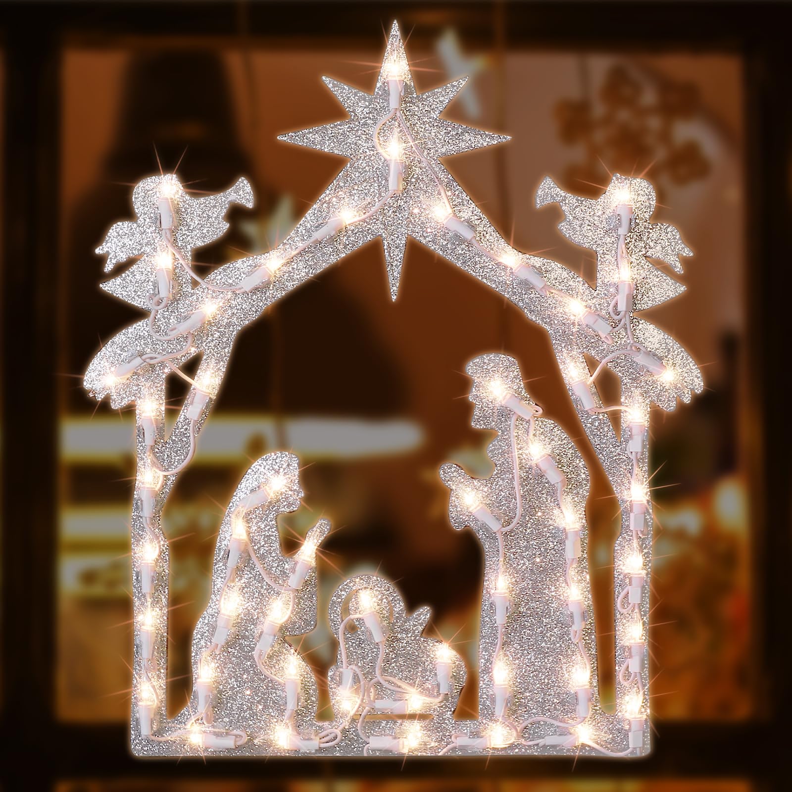 Photo 1 of LAMPHOME 50L 16.7" Christmas Window Silhouette Lights, Window Sculpture Decoration, Nativity Scene Christmas Light Display, White Glitter for Holiday Indoor and Outdoor Wall Door Window Decorate