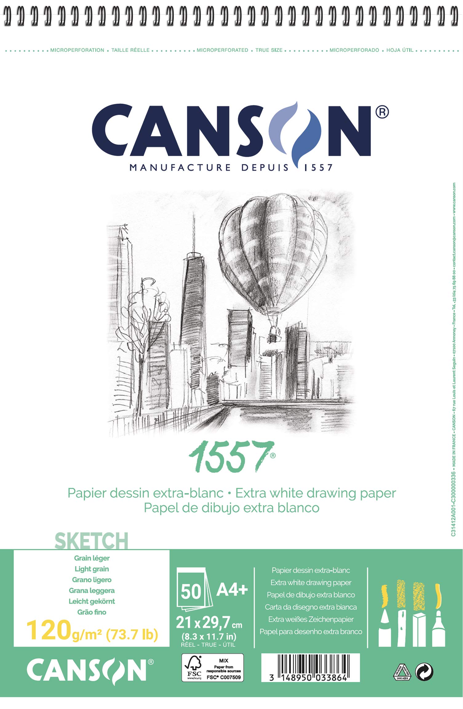 CANSON 1557 Extra White 120gsm A4 Sketch Paper, Light Grain, 50 Sheets, for Professional Artists & Illustrators