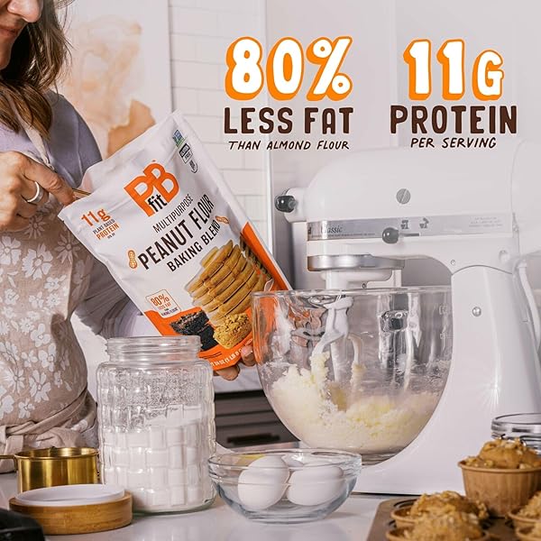 PBFIT PEANUT FLOUR BAKING BLEND – GLUTEN FREE & NON GMO – 11G PROTEIN PER SERVING 10% DV – 80% LESS FAT THAN ALMOND FLOUR – 1 TO 1 SWAP FOR WHITE FLOUR – LIGHT PEANUT FLAVOR – 25% DV FIBER – 24 OZ