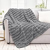 VFROO Faux Fur Throw Blanket for Couch, 850GSM Cozy Soft Plush Thick Striped Luxury Blanket for Sofa Living Room Bedroom,50 * 60 Inches, Grey