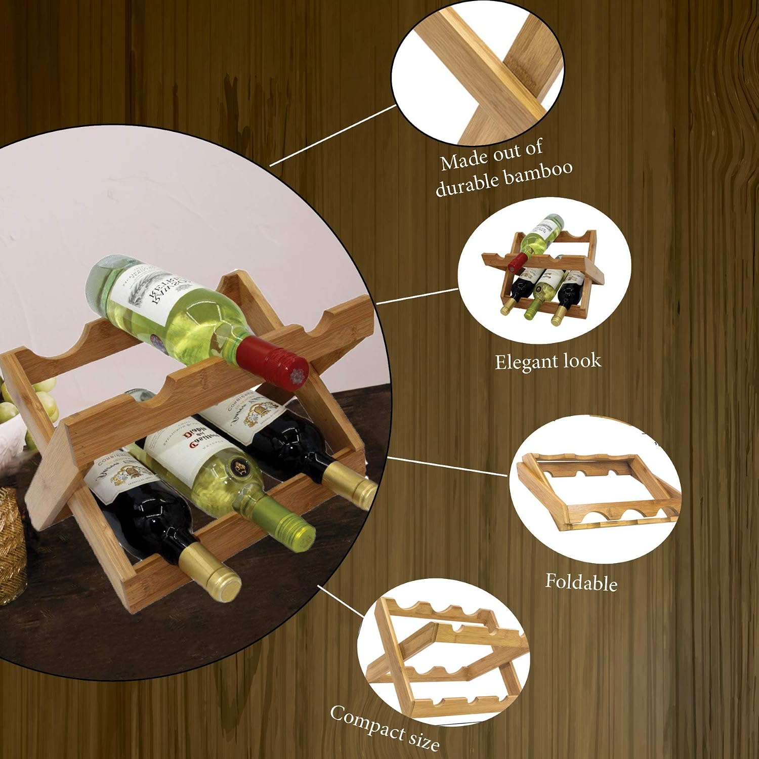 PandaGrip bamboo wine rack foldable free standing and countertop wine ...