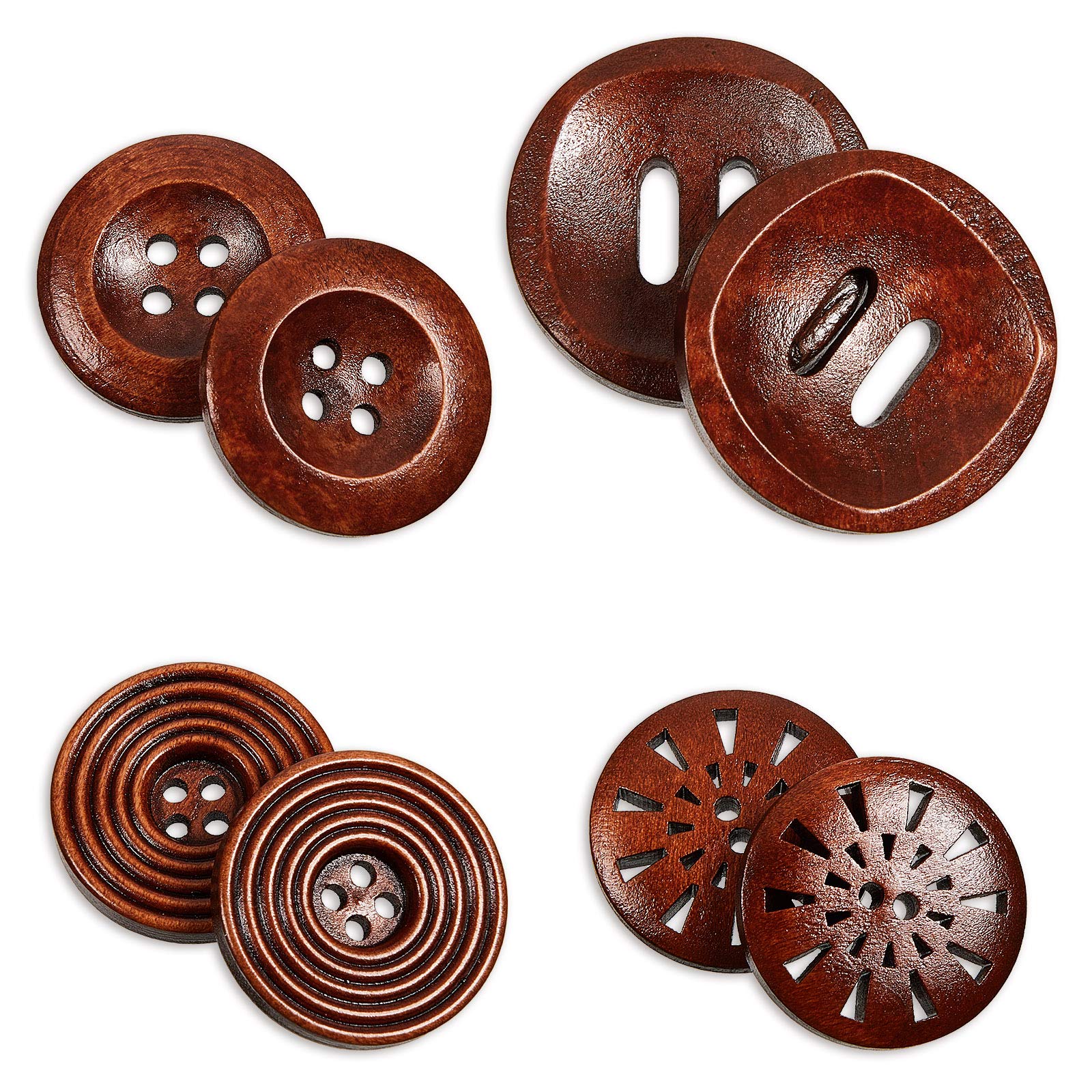 Chuangdi 40 Pcs Brown Wooden Buttons, Red-Brown, 25 Mm/30 Mm, 4 Holes/2 Holes, Handmade for Knitting Sewing Clothes Art DIY Craft