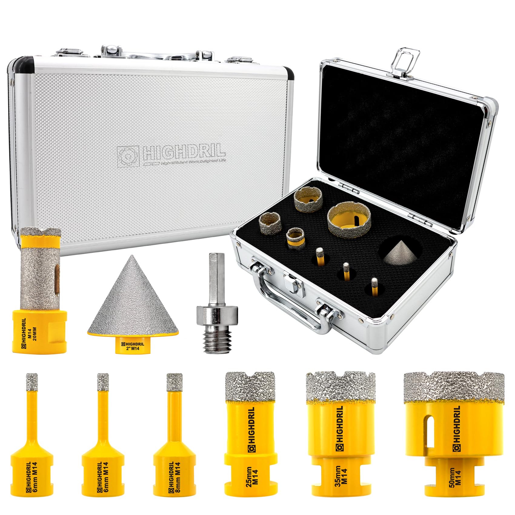 HIGHDRIL Diamond Hole Saw Kit - 6/6/8/25/35/50mm Drill Bits+50mm Chamfer Bit+20mm Milling Bit+Adapter, 9Pcs Diamond Core Drill Bit Set for Porcelain Ceramic Tile Granite Marble — image 1