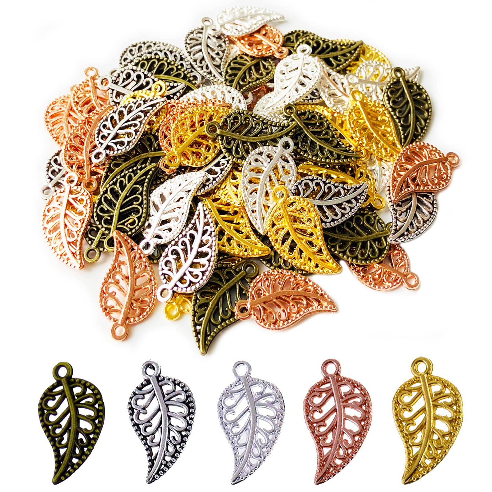 Eterspr Pack of 75 Alloy Hole Tree Leaf, Metal Plant Hollow Charms, for DIY Crafts, Necklace Pendant and Earrings