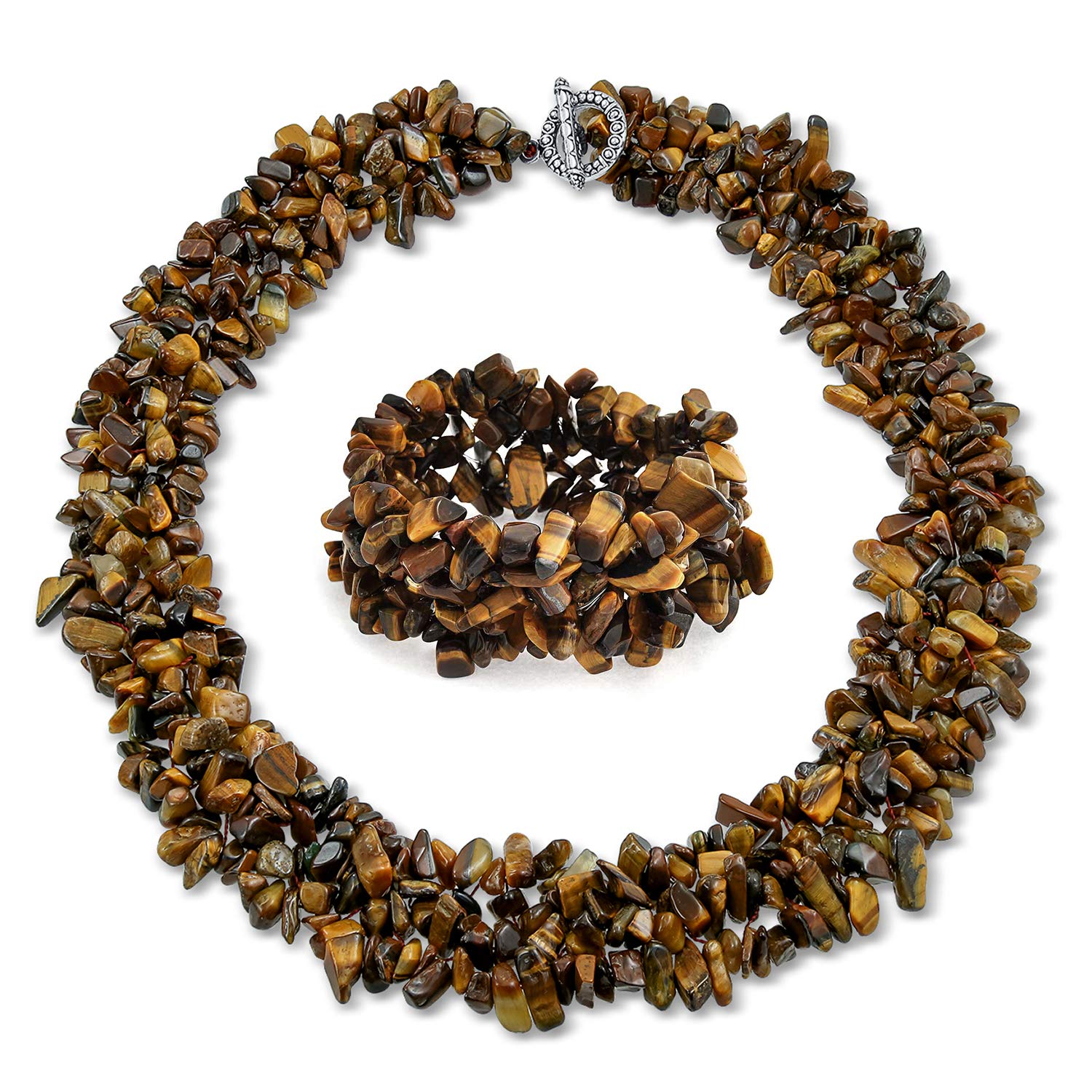 Bling Jewelry Large Wide Chunky Brown Tigers Eye Stones Chips Statement Bib Necklace For Women Collar Stretch Bracelet For Women Set 18 Inch