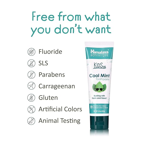 HIMALAYA BOTANIQUE KIDS TOOTHPASTE, COOL MINT, FLUORIDE-FREE, GENTLE, NO ARTIFICIAL COLORS, SLS FREE, GLUTEN FREE, CRUELTY FREE, VEGAN, FOAMING, 4 OZ, 1 PACK…