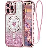LAPOPNUT for iPhone 13 Pro Max Magnetic Case [Compatible with MagSafe][Glitter Card & Wrist Strap],Girls Women Bling Sparkle Rhinestone Diamond Raised Lens Protection Cover for iPhone 13 Pro Max,Pink