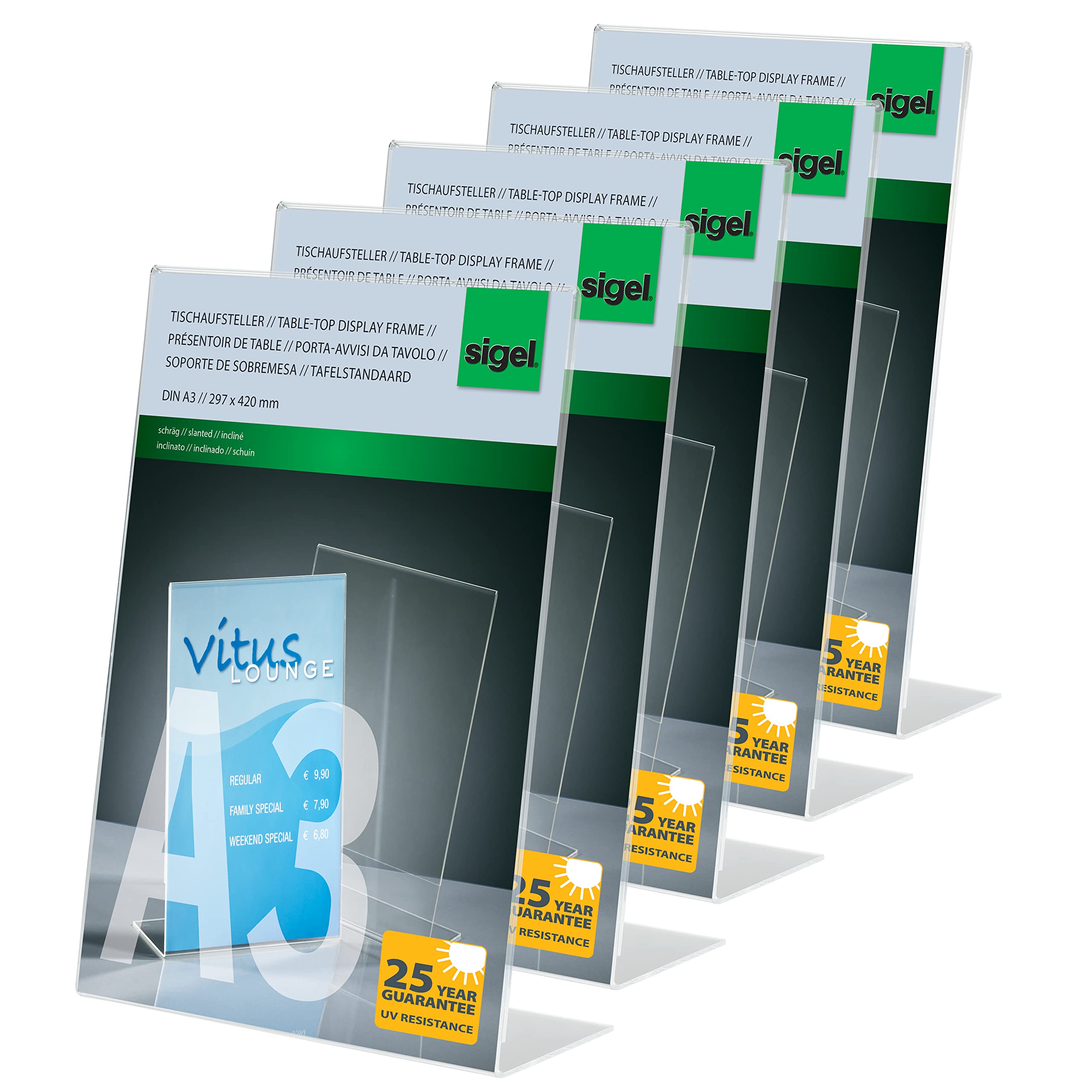 SIGEL TA213 Sign Holder, slanted, for A3, single-sided presentation, uv resistant acrylic, transparent, 5 Pieces — image 1