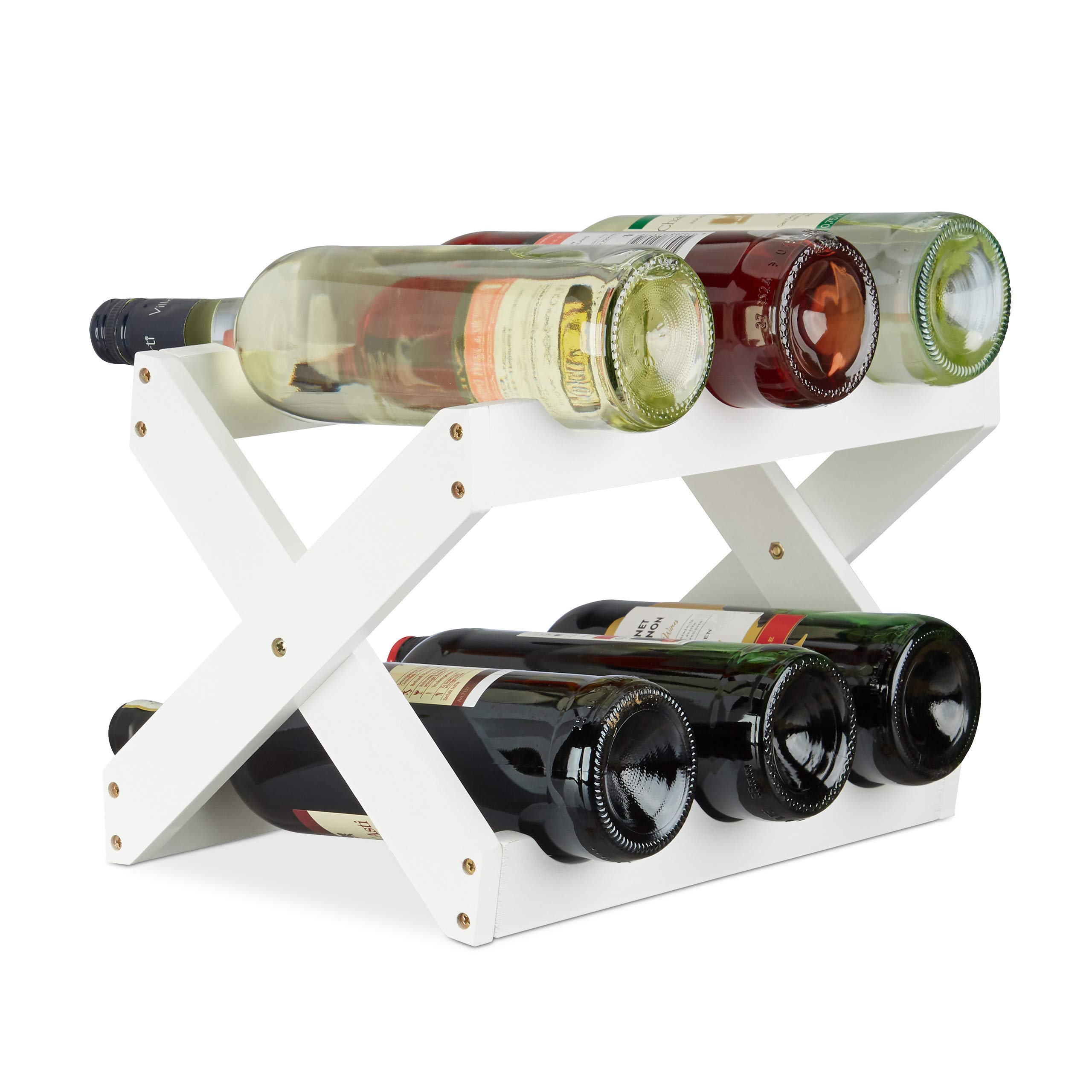 Relaxdays Bamboo Wine Rack, X Shape, 6 Bottles, Country House Style, Small, Folding Bottle Holder, HWD 22 x 36 x 20 cm, White