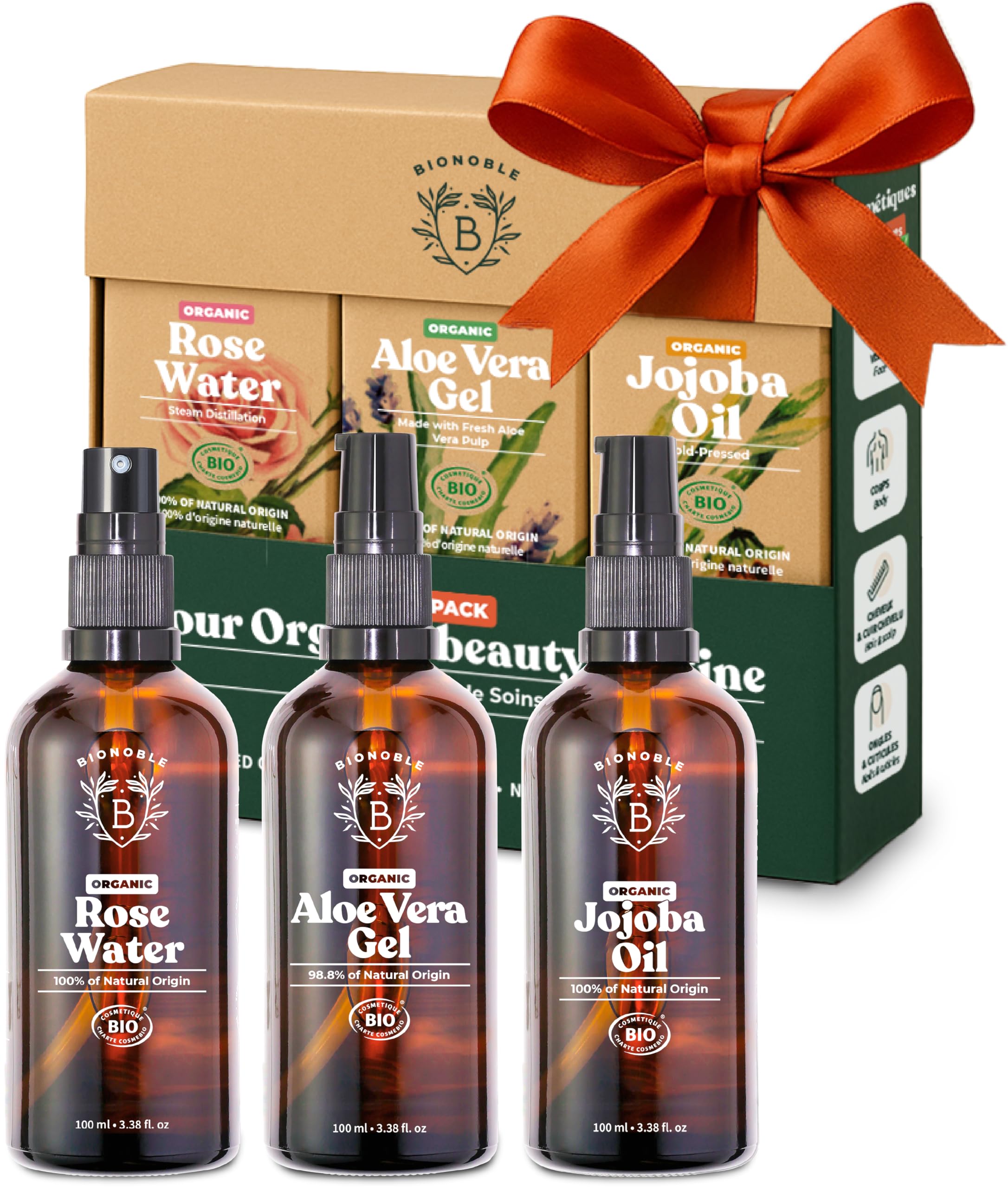 Bionoble Skincare Set 3x100ml - Organic Rose Water, Aloe Vera Gel & Jojoba Oil - Face, Body and Hair Care - Birthday Gifts for Women