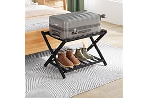 Smuxee Fully Assembled Luggage Rack for Guest Room, Upgraded Bamboo Foldable Suitcase Stand with 5 Nylon Straps, Dark Brown Luggage Holder with Shelf for Bedroom Hotel (Black Luggage Rack 1pcs)