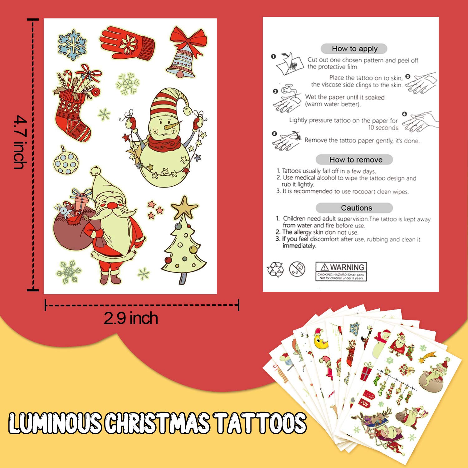 Partywind 10 Sheets Luminous Christmas Temporary Tattoos for Kids Stocking Stuffers, Christmas Party Decorations Supplies Favors for Birthday, Xmas Holiday Stickers Games Toys for Boys Girls