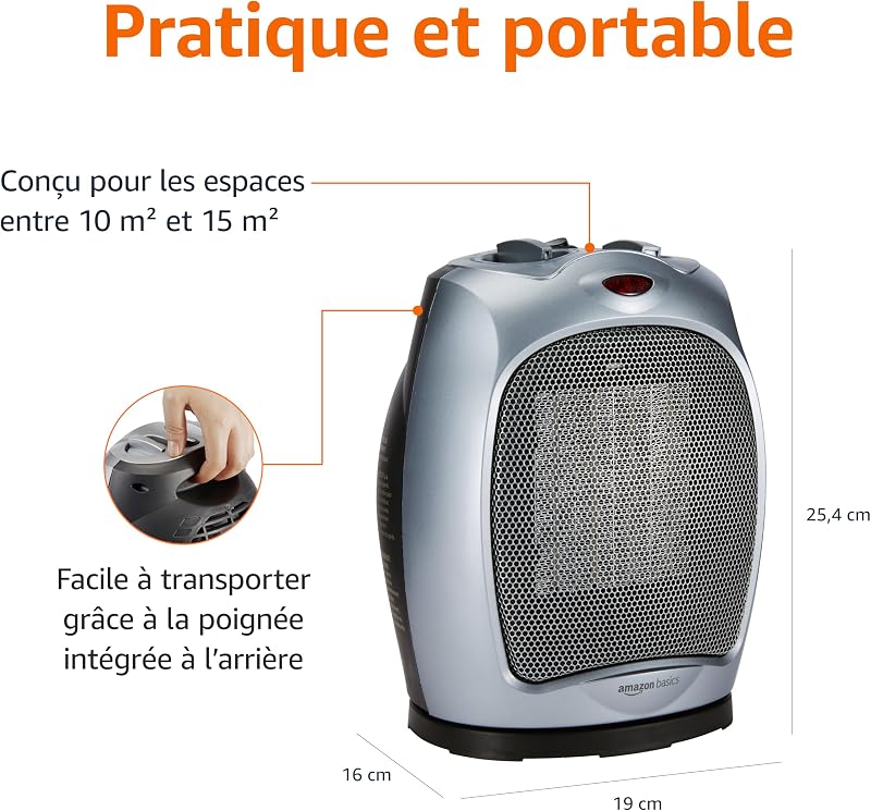 Radiateur soufflant et pivotant en céramique avec thermostat réglable 1800 W, Argenté