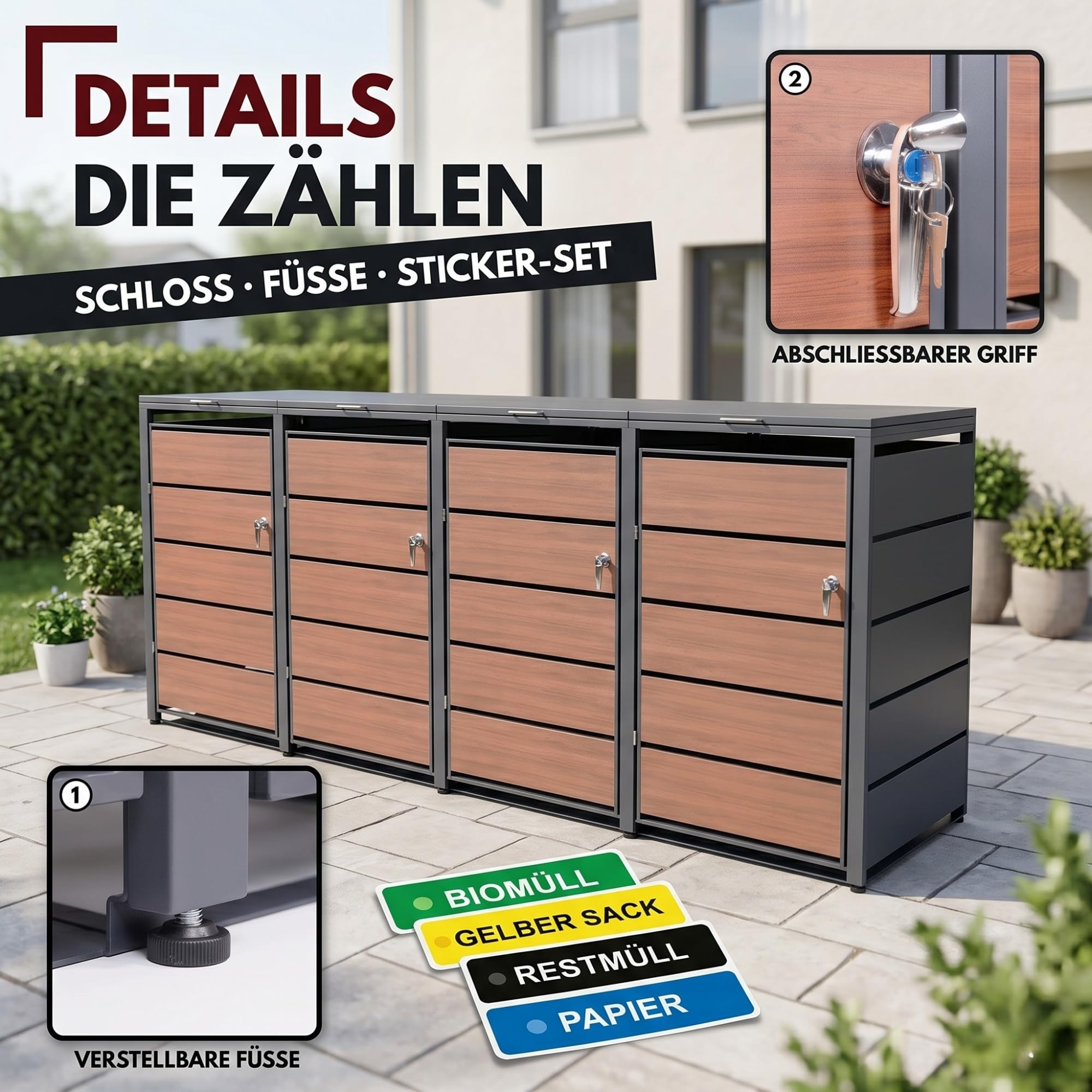 ALBATROS Mülltonnenbox 4er Holzdekor | Metall, 120-240L, abschließbar 4