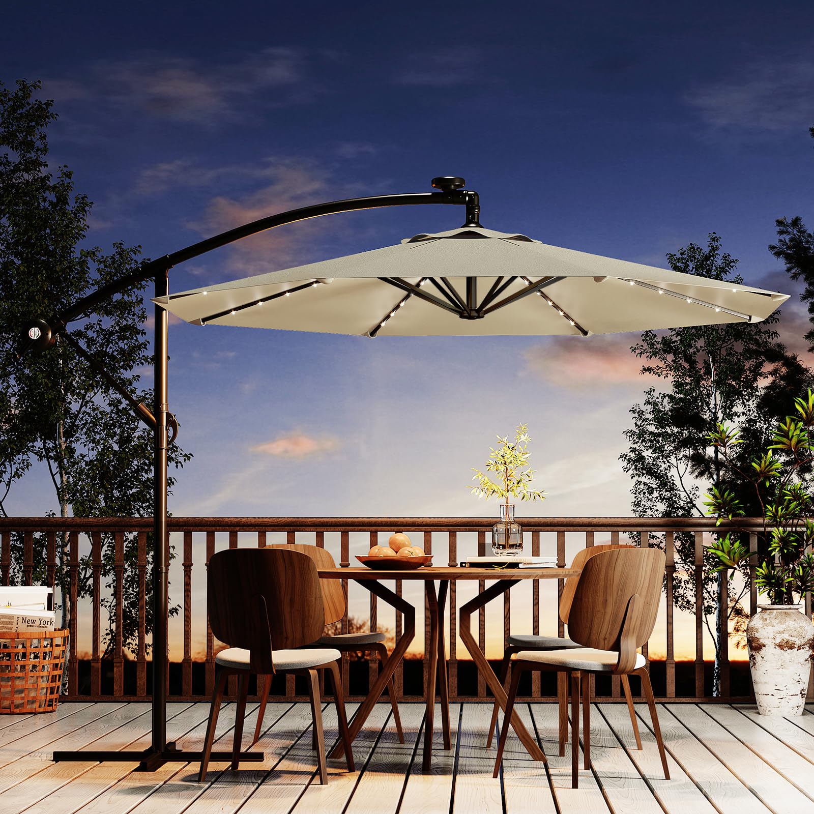 Photo 1 of 10FT Solar Lights Cantilever Umbrella outdoor patio, Offset Patio Umbrella with Easy Lift & Tilt Adjustment, UV Protection Fade Resistant for Deck, Pool, Garden, Beige