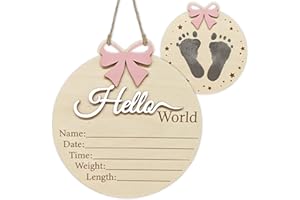AUKOLASS Pink Bow Baby Announcement Sign, 3D Hello World Newborn Sign and Footprint Sign for Newborn Photo Prop Baby Shower and Nursery Gift (Pink)
