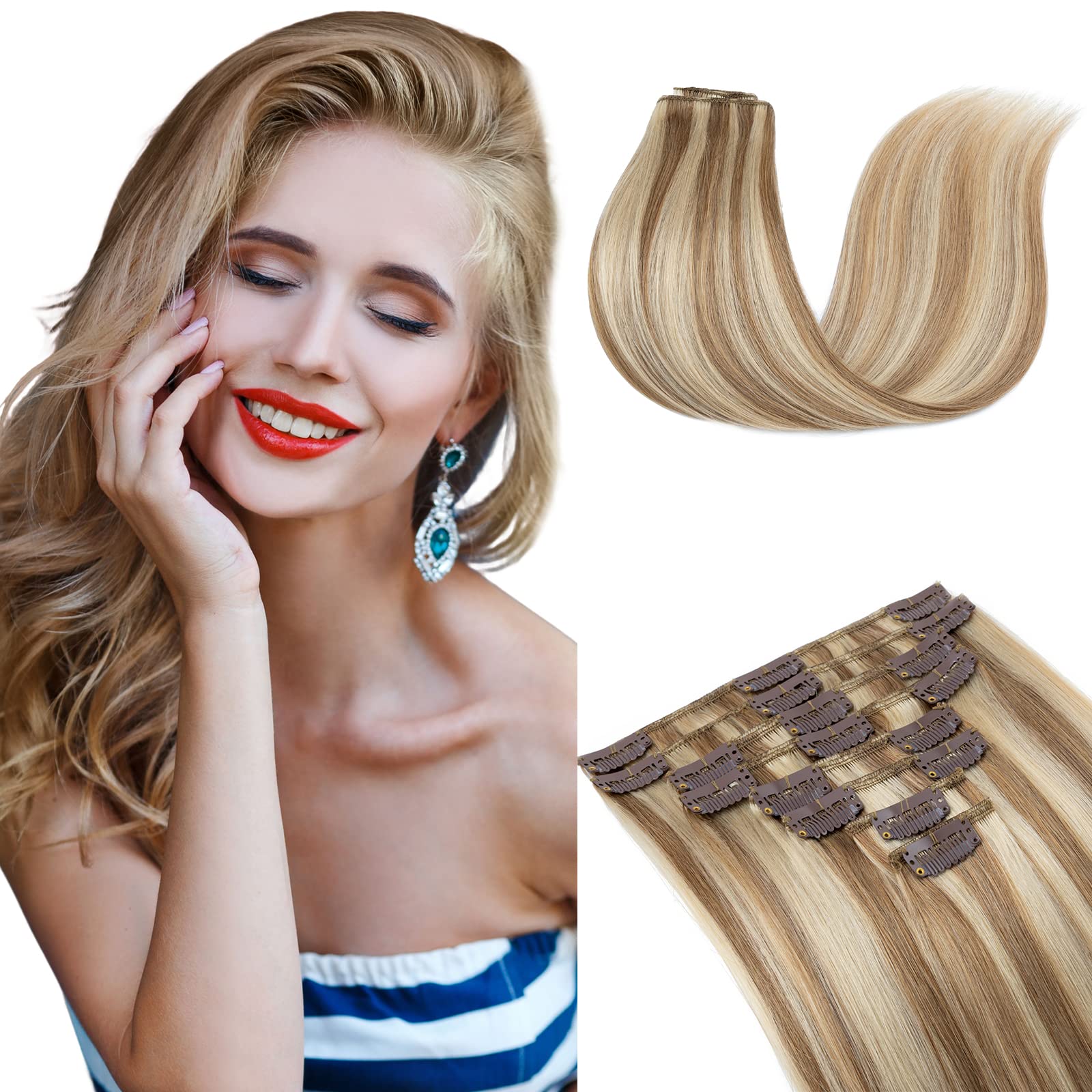 Elailite Clip in Hair Extensions Real Human Hair Remy Natural Hair - 8 Pieces Standard Weft Full Head Straight - #12/613 Golden Brown Mix Bleach Blonde - 10 Inch (75 g)