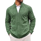 Runcati Mens Full Zip Cardigan Sweater Casual Cable Knitted Mock Neck Ribbed Winter Sweaters