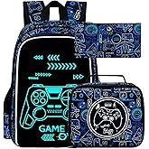 ZLYERT 17 Inch Glow in The Dark Backpack, 3Pcs Gamer Bookbag for Boys With Lunch Box, School Laptop Backpacks Set For Teens(Blue)