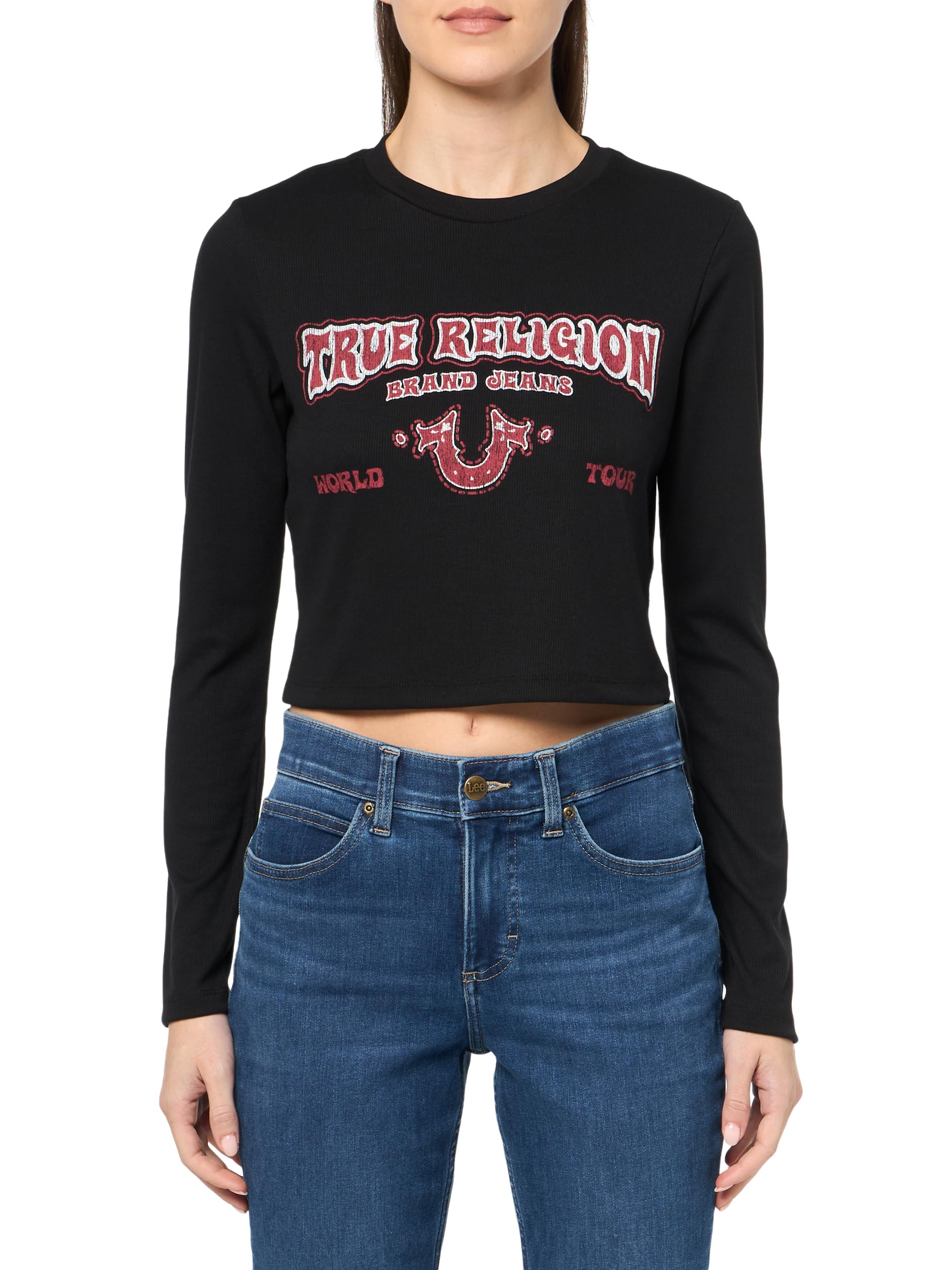 True Religion Women’s Western Logo LS Rib Baby TEE​, Jet Black