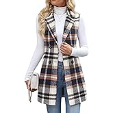 ELLEVEN Women's Tweed Plaid Long Vest, Lapel Slim Fit Sleeveless Flannel Blazer Jacket with Pockets