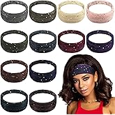 Wavyknot 12 Pieces Bling Boho Headbands Sequins Wide Headbands African Head Wrap Stretchy Hair Bands Breathable Turban Elastic Yoga Running Sport Scarf Hair Accessories for Women