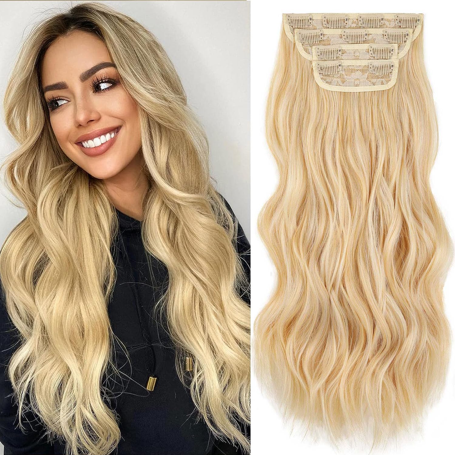 Mscat 20 Inch Blonde hair Extensions Clip in Hair Extensions Synthetic Hair pieces for Women 4PCS Full Head Set Thick Long Curly Wavy Synthetic Hair Extensions(Blonde) — image 1