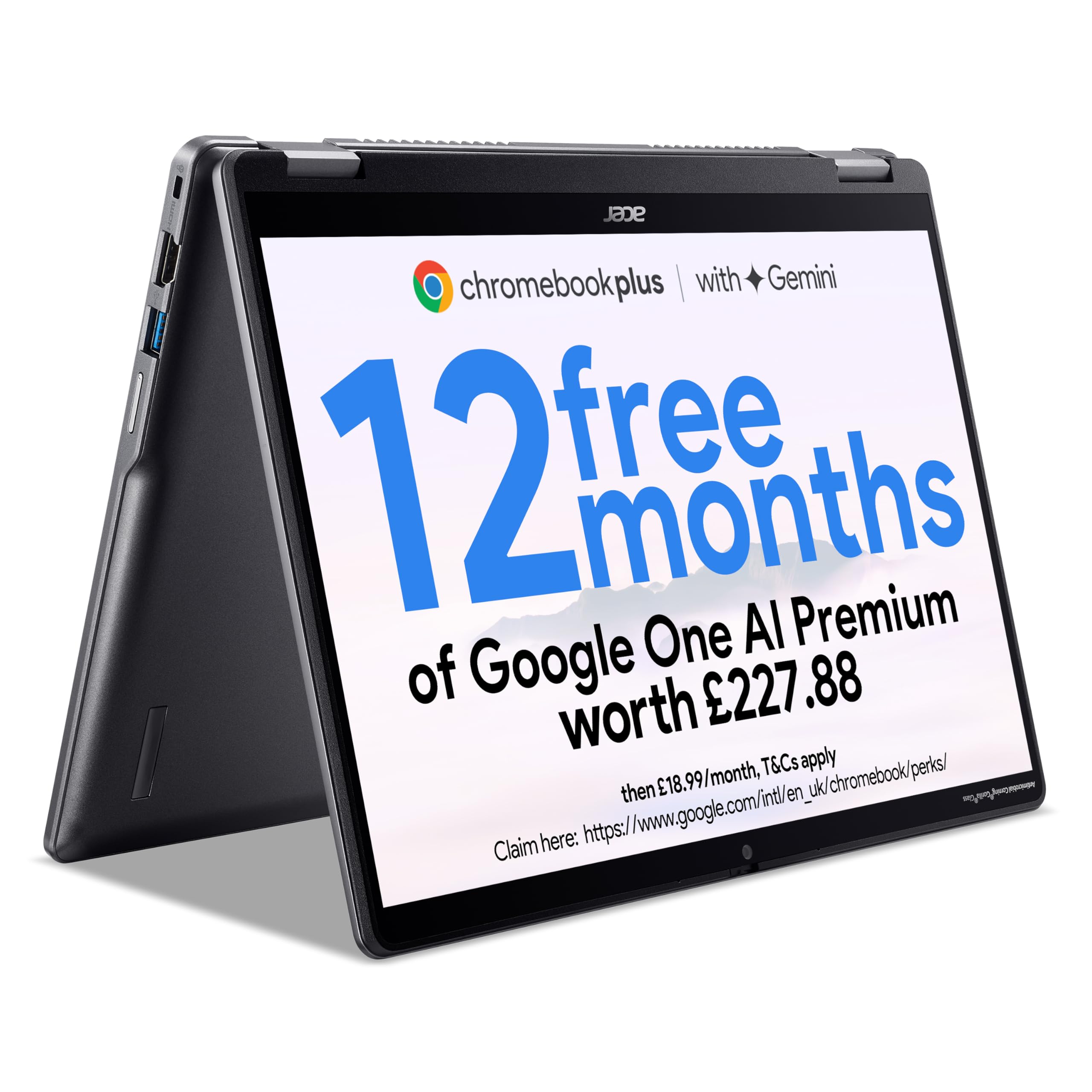 acer Chromebook Plus Spin 514 CP514-4HN Convertible Laptop - Intel Core i3-1315U, 8GB, 128GB UFS, Integrated Graphics, 14" WUXGA Touchscreen, Chrome OS, Iron