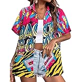 80s 90s Outfits Shirt Women Retro Disco Party Button Up Tshirt Hawaiian Beach Short Sleeve Blouse Top