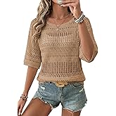 EVALESS Womens Summer Crochet Tops Half Sleeve Hollow Out Beach Vacation Clothes Resort Wear Cruise Outfits
