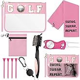 Croknit 9 Pcs Preppy Golf Accessories Kit for Women, Cute Pink Golf Gifts for Ladies Includes Towel Tees Ball Cleaner Brush Divot Tool Chenille Patch Pouch for Mothers Day Retirement Gift