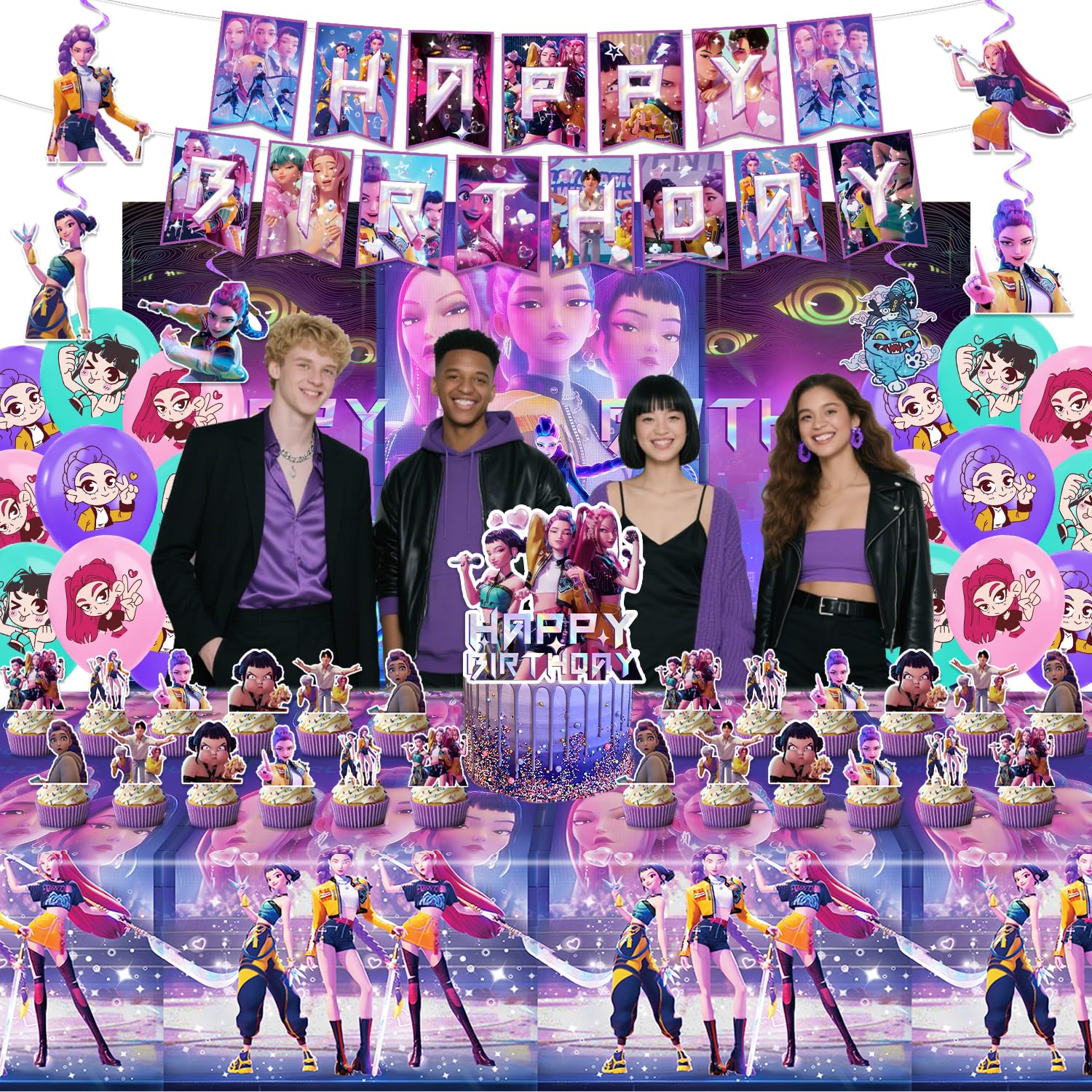 Demon Hunters Birthday Decorations, Party Supplies Set Include Banner, Backdrop, Balloons, Hanging Swirls, Cake Cupcake Toppers, Tablecloth for Boys Girls Kpop Theme Party