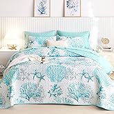 Wake In Cloud - Coastal Quilt Set, Nautical Ocean Beach Themed Tropical Summer Patterned, Reversible Lightweight Bedspread Coverlet, 3 Pieces, Aqua Turquoise, Twin/Twin XL Size