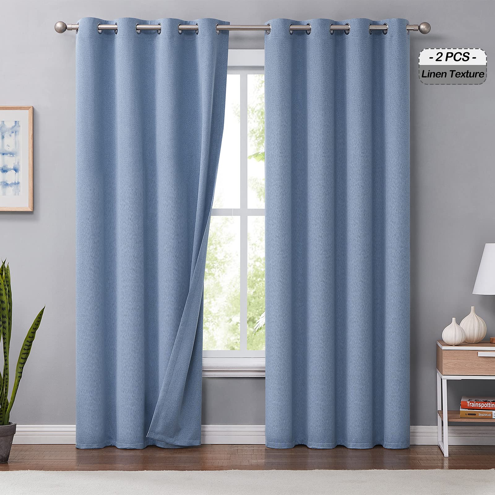 Melodieux 100% Blackout Curtains for Bedroom, Thermal Insulated Noise Reducing Linen Grommet Window Drapes for Living Room and Nursery, Blue, 50 x 84 Inch Length, 2 Panels