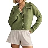 Ythomm Womens Ruffle Collar Cropped Cardigans Button Down Open Front Long Sleeve Knit Sweater Jackets Casual Solid Fall Tops