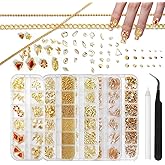 SIUSIO Gold Nail Charms and Gems Kit, 5 Boxes Metallic Nail Art Gems Flatback Crystal Champagne Rhinestones Gold Caviar Beads 3D Cross Stars Rose Hearts Virgin Mary Bow Gemstones for Nails Manicure