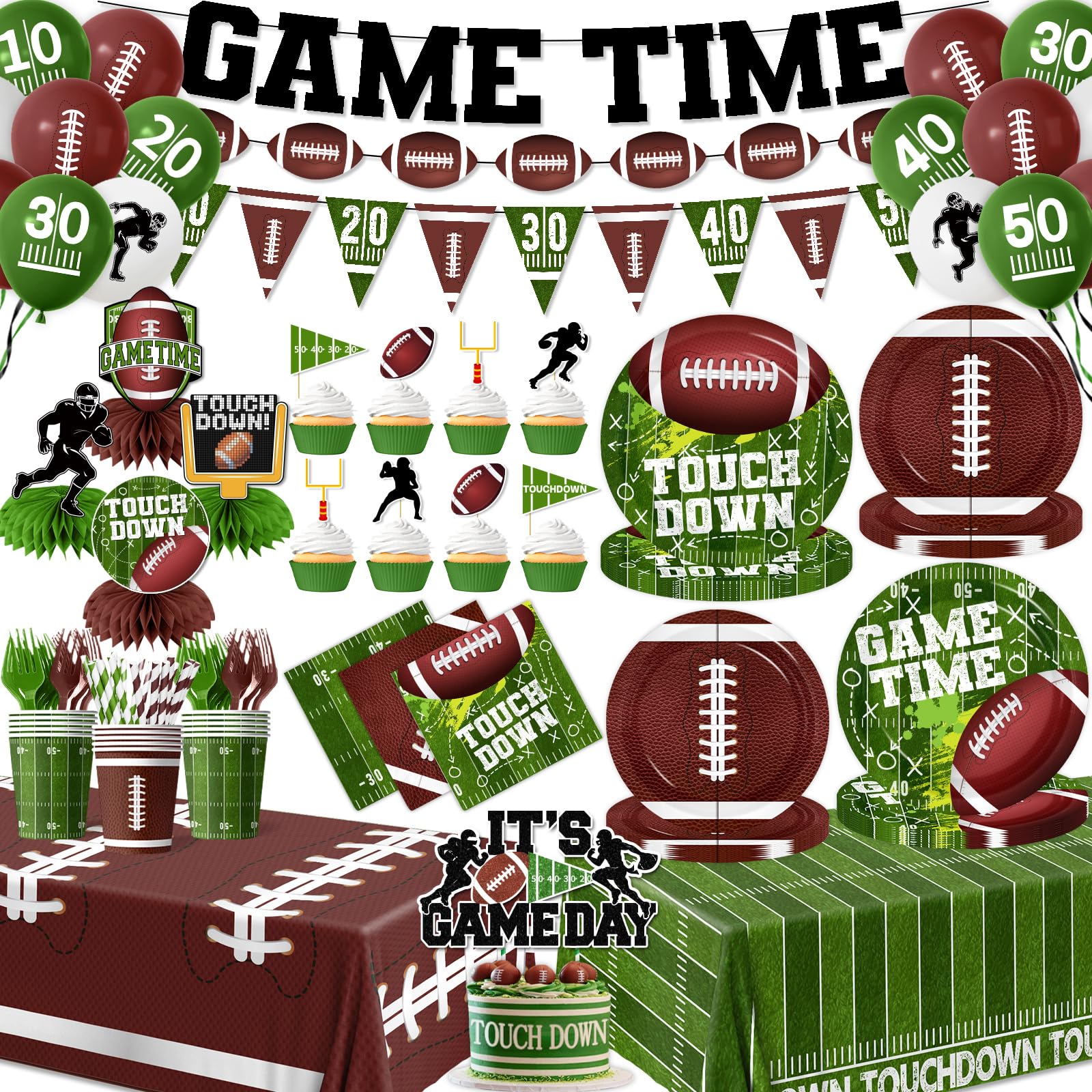 Photo 1 of ** PARTIAL ** MISSING ALOT ** Football Party Decorations Serve 24 Football Party Supplies Includes Paper Plates Napkins,Touchdown Tablecloth,Cups,Banner,Balloon,Forks,Cupcake Topper for Game Time Sport Tailgate Themed Party Decor