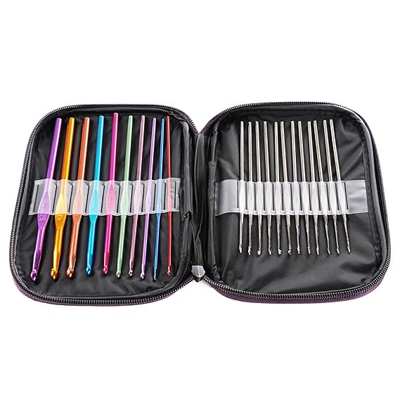 LIHAO 22x Häkelnadeln Alu Multifarben Nadelset mit Etui Knitting Needles Crochet Hooks Häkeln Stricknadeln